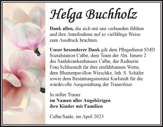 Traueranzeige von Helga Buchholz von Volksstimme Schönebeck