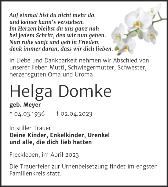 Traueranzeige von Helga Domke von Trauerkombi Aschersleben