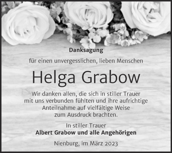 Traueranzeige von Helga Grabow von Trauerkombi Bernburg
