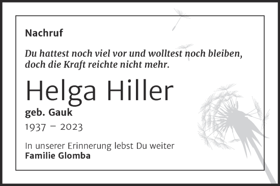 Traueranzeige von Helga Hiller von Trauerkombi Weißenfels
