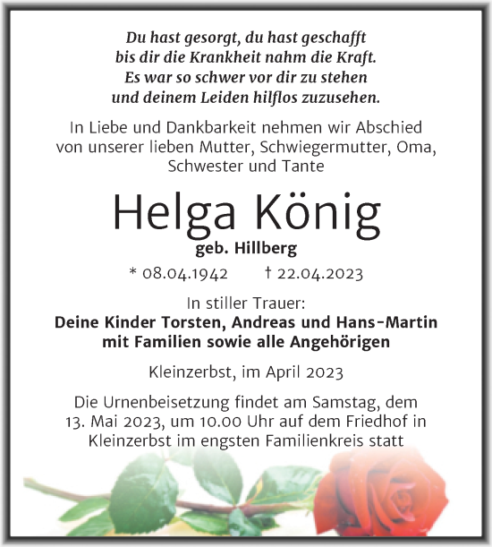 Traueranzeige von Helga König von Trauerkombi Köthen