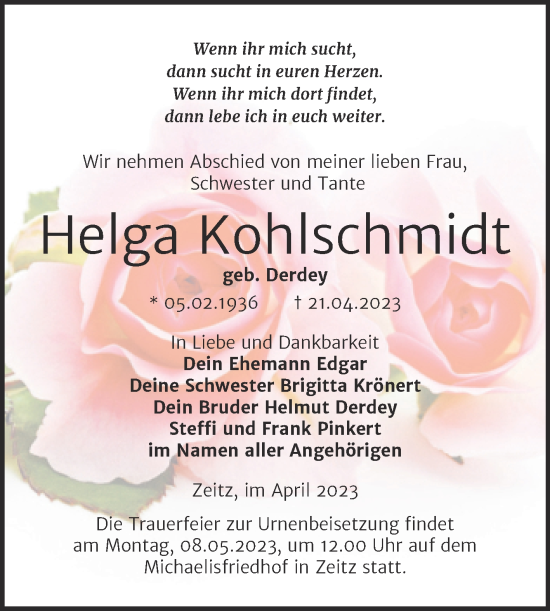 Traueranzeige von Helga Kohlschmidt von Trauerkombi Zeitz