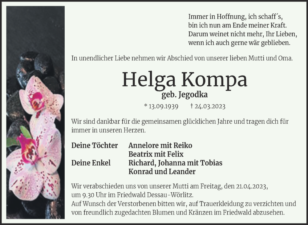  Traueranzeige für Helga Kompa vom 01.04.2023 aus Trauerkombi Wittenberg