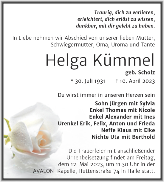 Traueranzeige von Helga Kümmel von Mitteldeutsche Zeitung Halle/Saalkreis