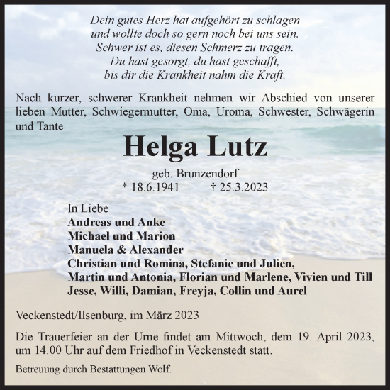 Traueranzeige von Helga Lutz von Volksstimme Wernigerode