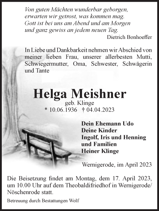 Traueranzeige von Helga Meishner von Volksstimme Wernigerode