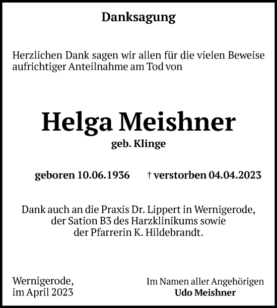 Traueranzeige von Helga Meishner von Volksstimme Wernigerode