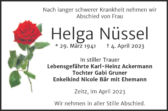 Traueranzeige von Helga Nüssel von Trauerkombi Zeitz