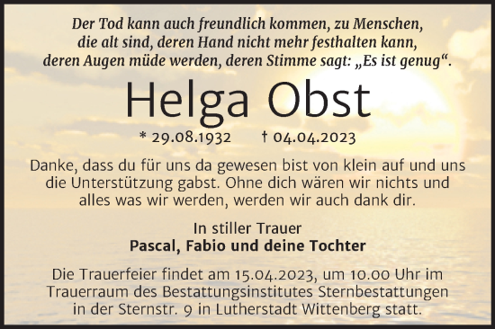 Traueranzeige von Helga Obst von Trauerkombi Wittenberg