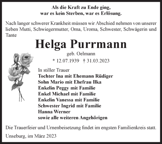 Traueranzeige von Helga Purrmann von Volksstimme Staßfurt
