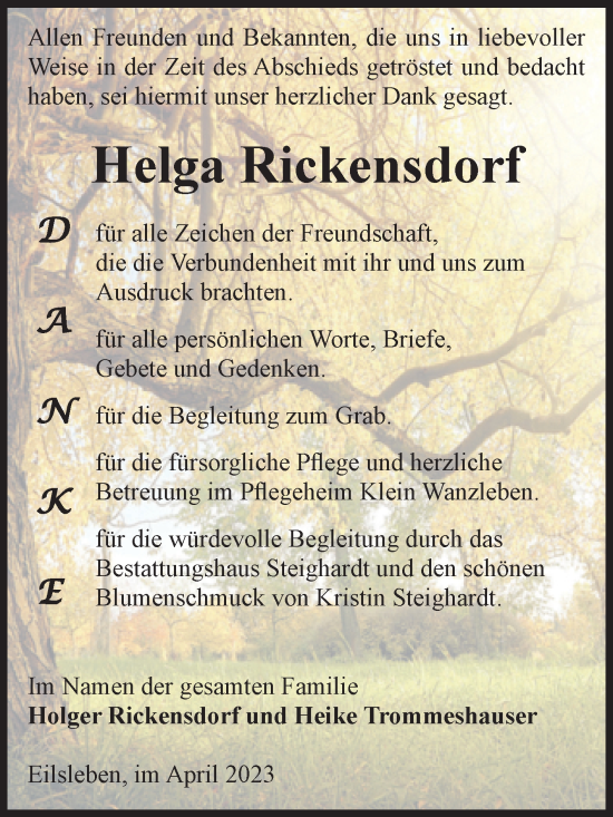 Traueranzeige von Helga Rickensdorf von Volksstimme Oschersleben/Wanzleben