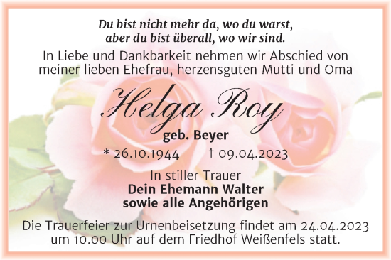 Traueranzeige von Helga Roy von Trauerkombi Weißenfels