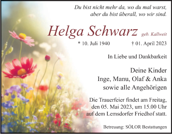 Traueranzeige von Helga Schwarz von Volksstimme Magdeburg
