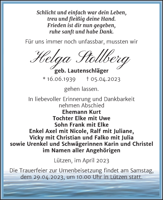 Traueranzeige von Helga Stollberg von Trauerkombi Weißenfels