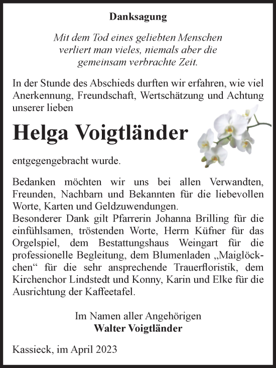 Traueranzeige von Helga Voigtländer von Volksstimme Altmark West