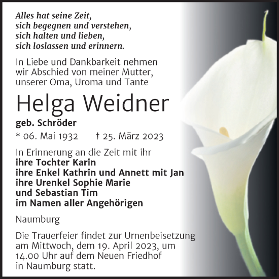 Traueranzeige von Helga Weidner von Naumburger Tageblatt