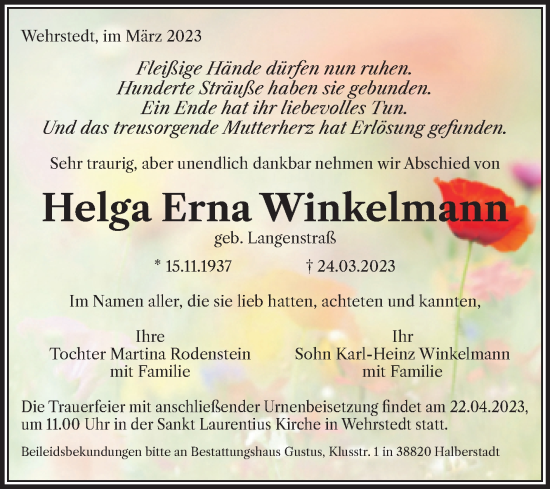 Traueranzeige von Helga Erna Winkelmann von Volksstimme Halberstadt