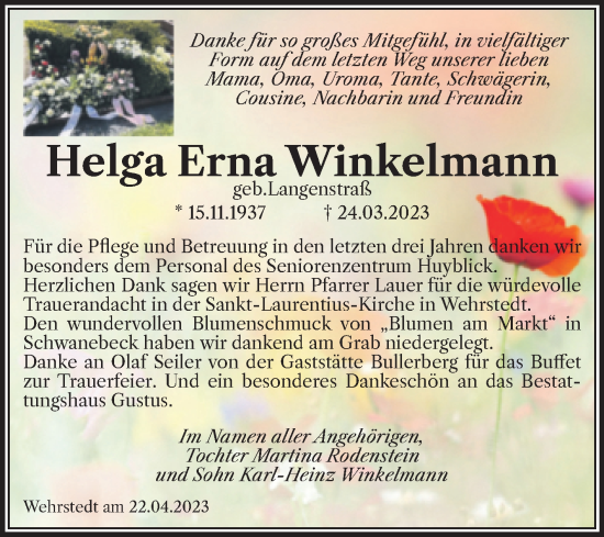 Traueranzeige von Helga Erna Winkelmann von Volksstimme Halberstadt