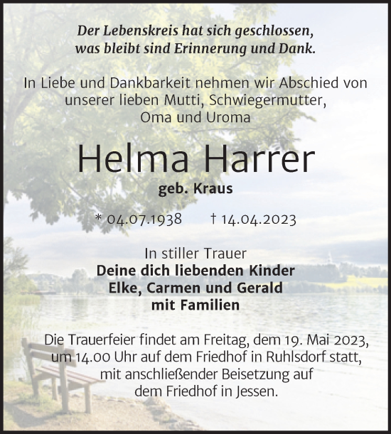 Traueranzeige von Helma Harrer von Trauerkombi Wittenberg