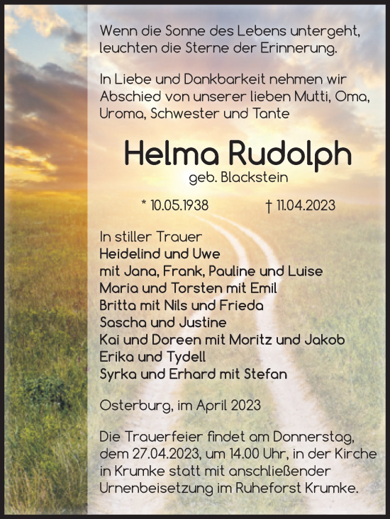 Traueranzeige von Helma Rudolph von Volksstimme Altmark Ost