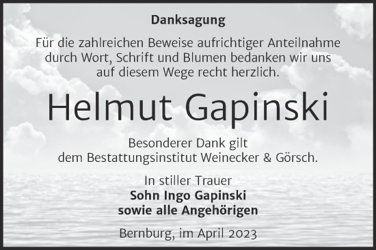 Traueranzeige von Helmut Gapinski von Trauerkombi Bernburg