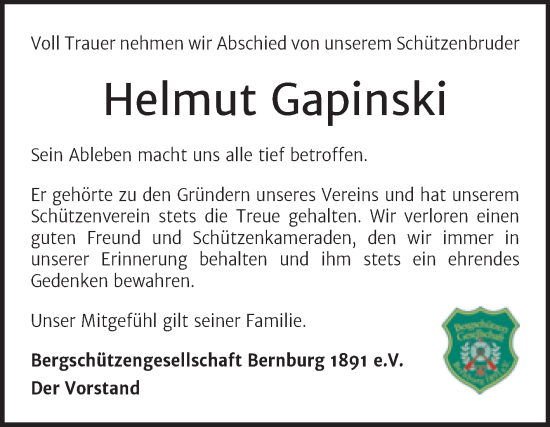 Traueranzeige von Helmut Gapinski von Trauerkombi Bernburg