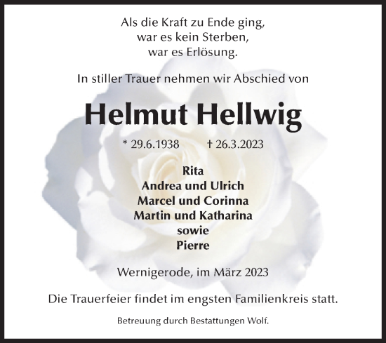Traueranzeige von Helmut Hellwig von Volksstimme Wernigerode