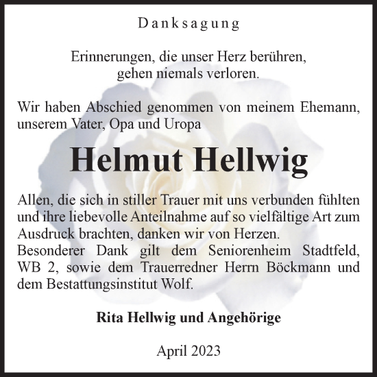 Traueranzeige von Helmut Hellwig von Volksstimme Wernigerode