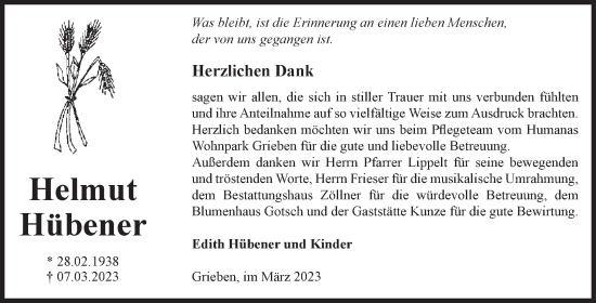 Traueranzeige von Helmut Hübener von Volksstimme Altmark Ost