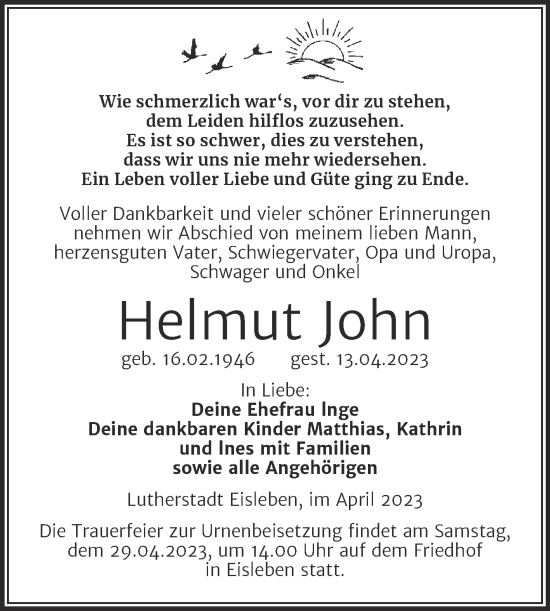 Traueranzeige von Helmut John von Trauerkombi Mansfelder Land