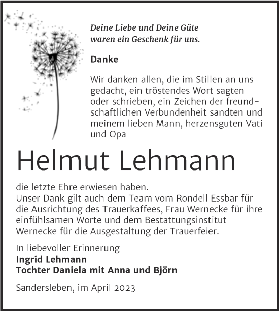 Traueranzeige von Helmut Lehmann von Trauerkombi Mansfelder Land