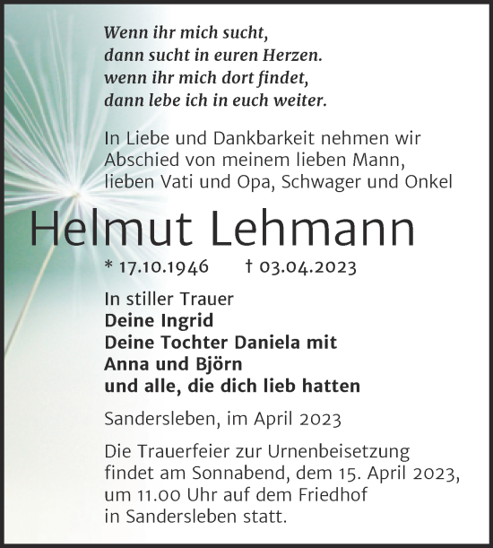 Traueranzeige von Helmut Lehmann von Trauerkombi Mansfelder Land