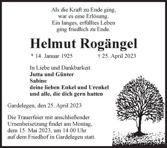 Traueranzeige von Helmut Rogängel von Volksstimme Altmark West