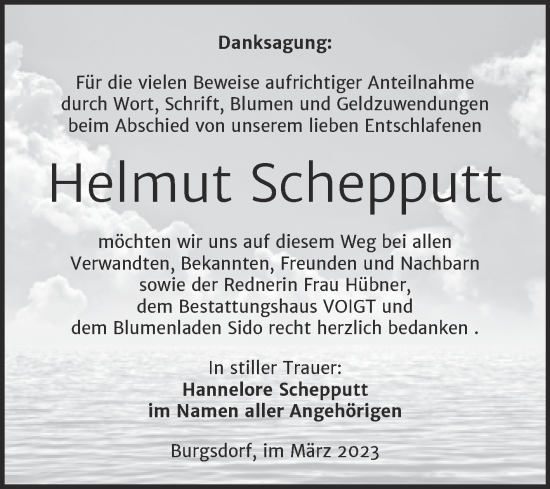 Traueranzeige von Helmut Schepputt von Trauerkombi Mansfelder Land