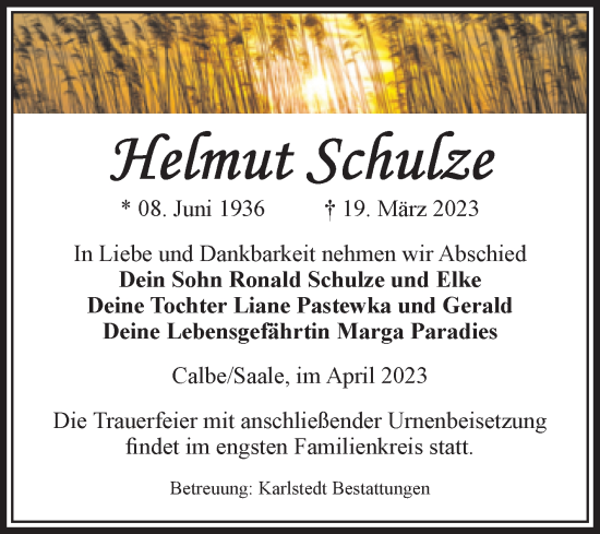 Traueranzeige von Helmut Schulze von Volksstimme Schönebeck