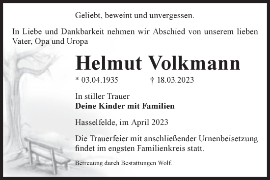 Traueranzeige von Helmut Volkmann von Volksstimme Wernigerode