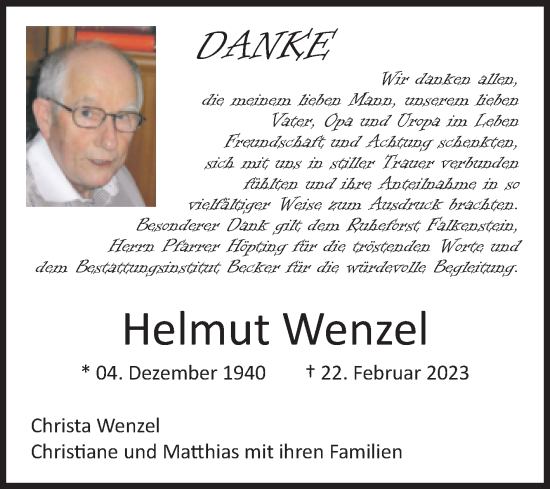Traueranzeige von Helmut Wenzel von Volksstimme Wernigerode