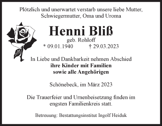 Traueranzeige von Henni Bliß von Volksstimme Schönebeck