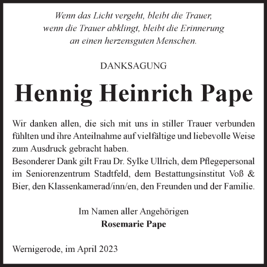 Traueranzeige von Hennig Heinrich Pape von Volksstimme Wernigerode