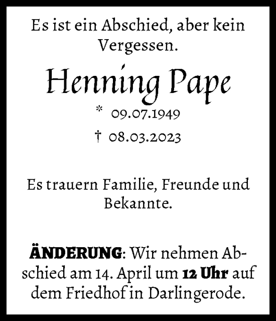 Traueranzeige von Henning Pape von Volksstimme Wernigerode
