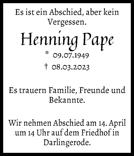 Traueranzeige von Henning Pape von Volksstimme Wernigerode