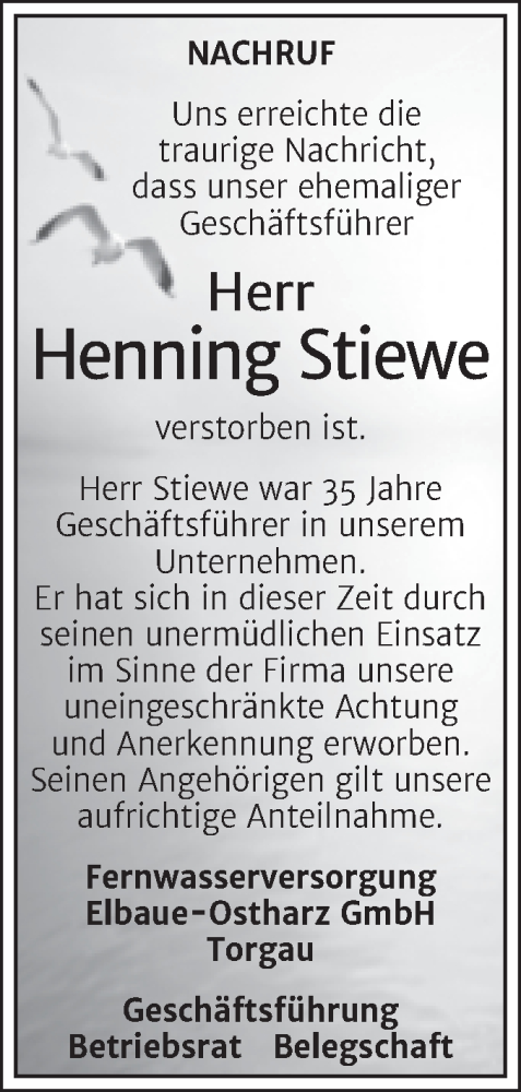 Traueranzeige von Henning Stiewe von Super Sonntag Wittenberg