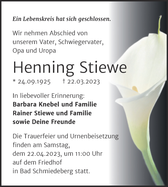 Traueranzeige von Henning Stiewe von Trauerkombi Wittenberg