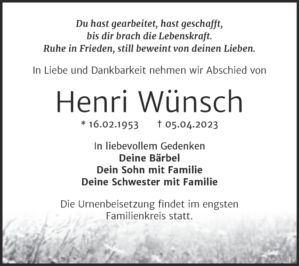  Traueranzeige für Henri Wünsch vom 15.04.2023 aus Trauerkombi Bitterfeld