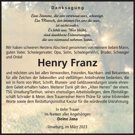 Traueranzeige von Henry Franz von Volksstimme Staßfurt