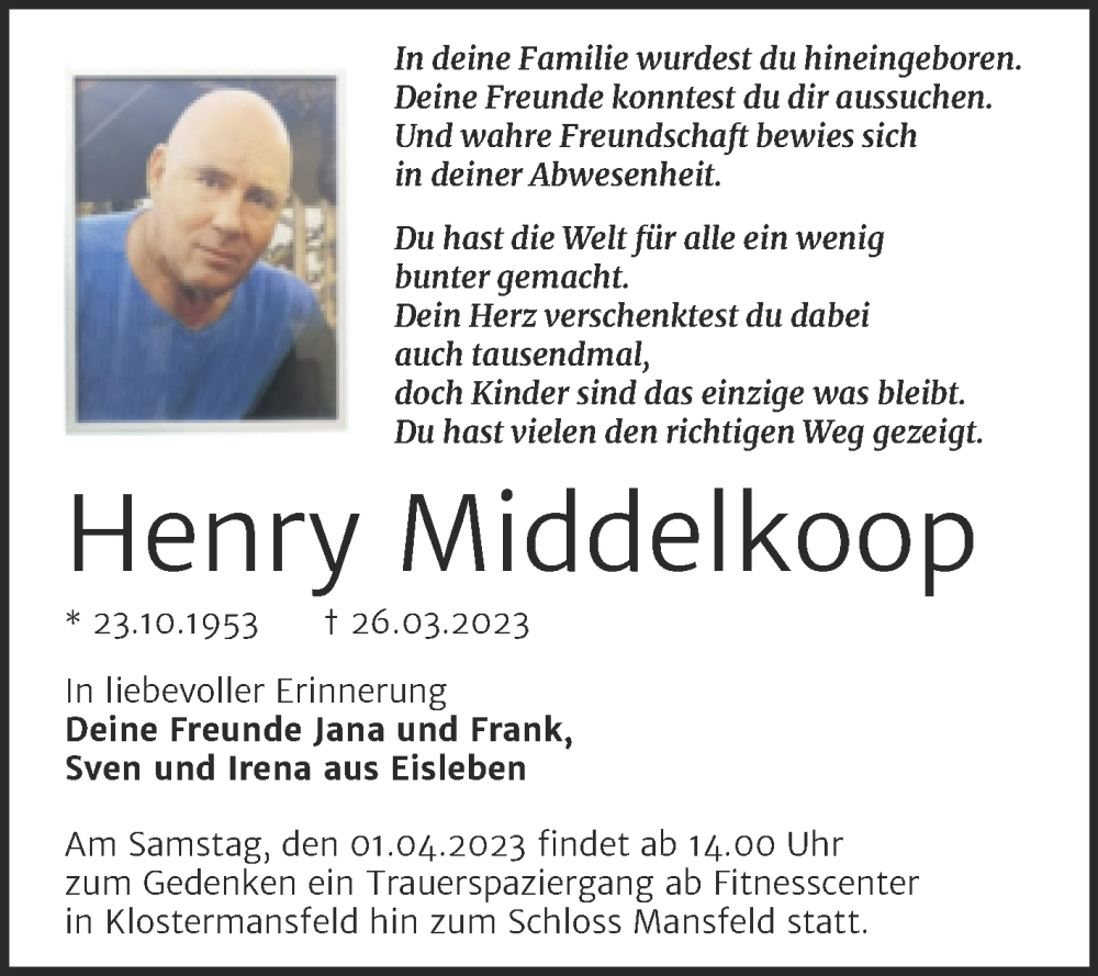  Traueranzeige für Henry Middelkoop vom 01.04.2023 aus Mitteldeutsche Zeitung Mansfelder Land