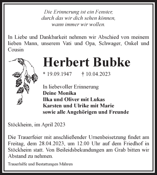Traueranzeige von Herbert Bubke von Volksstimme Altmark West