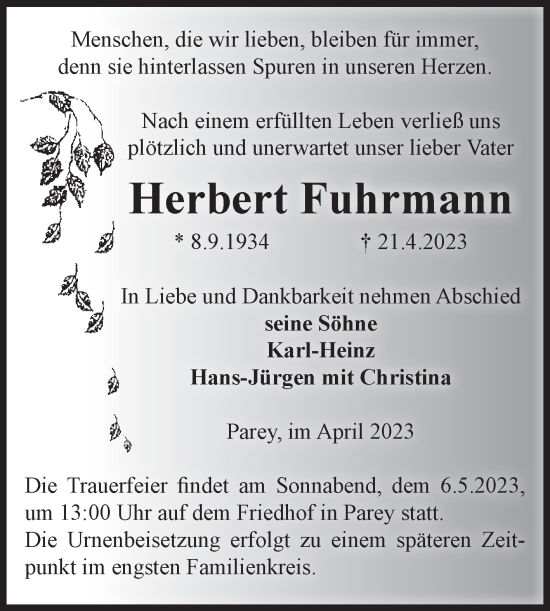 Traueranzeige von Herbert Fuhrmann von Volksstimme Burg/Genthin