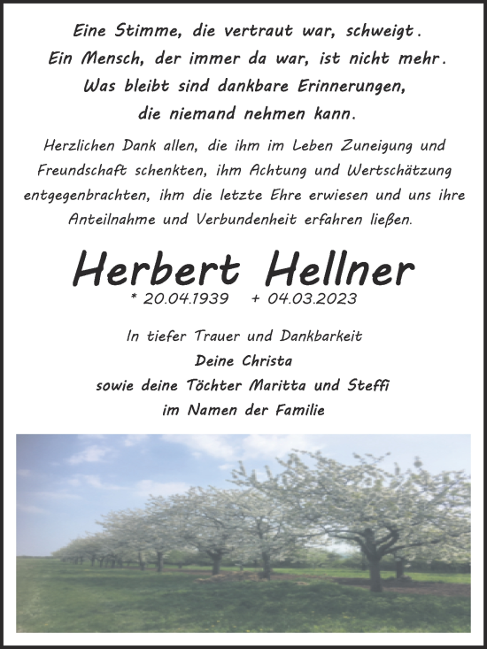 Traueranzeige von Herbert Hellner von Trauerkombi Sangerhausen