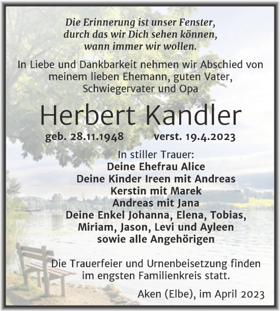 Traueranzeige von Herbert Kandler von Trauerkombi Köthen